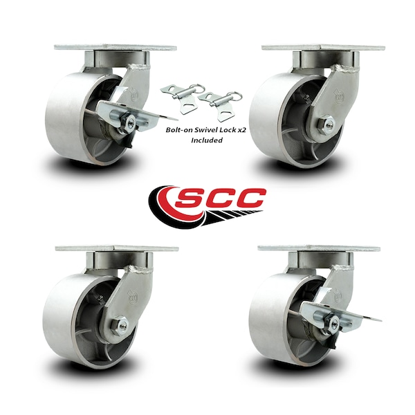 6 Inch Heavy Duty Semi Steel Cast Iron Caster Swivel Lock 2 Brakes SCC, 2PK